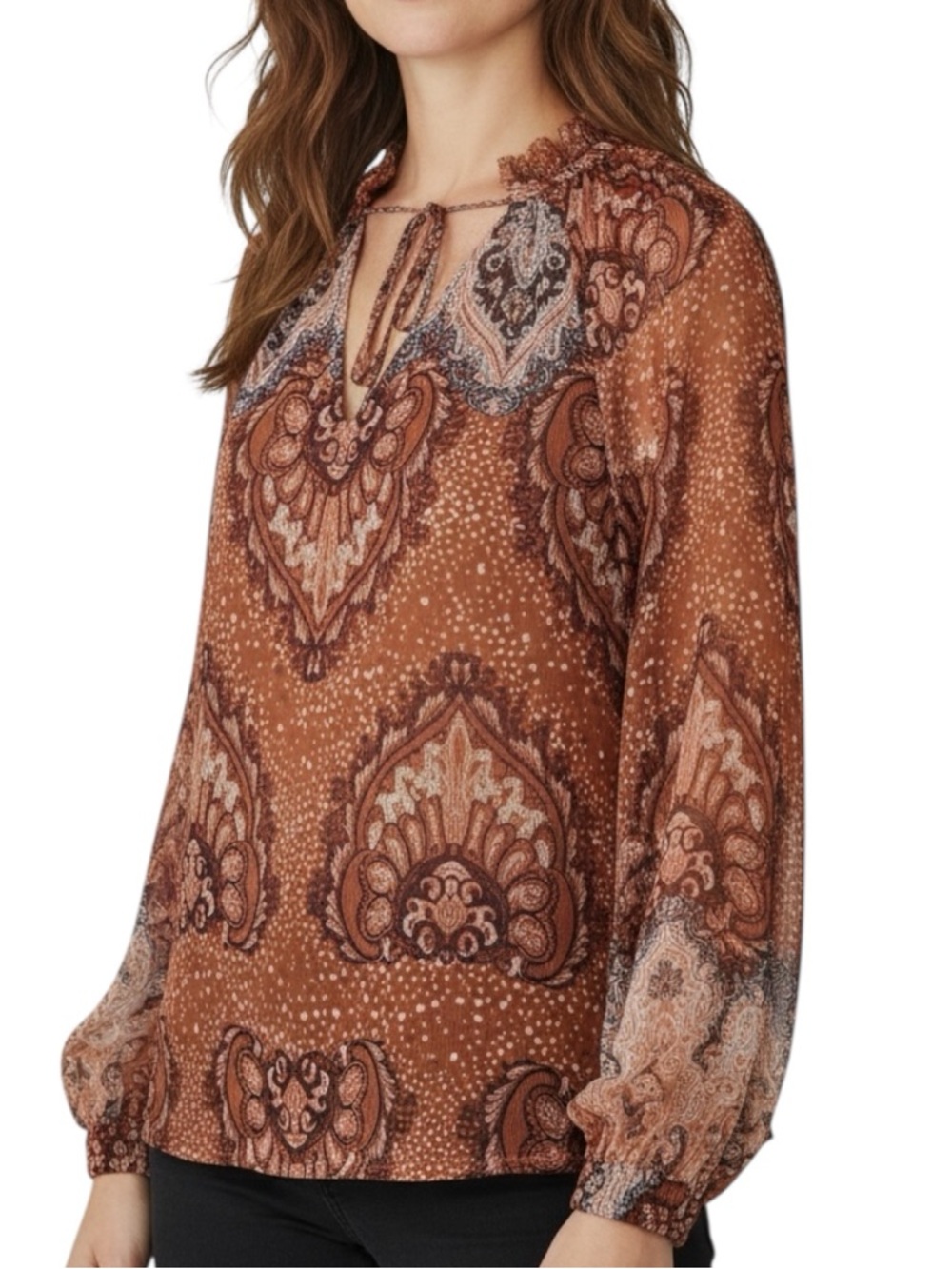 NWT WHITE HOUSE BLACK MARKET Paisley Long Sleeve Tie Neck Blouse Size Large